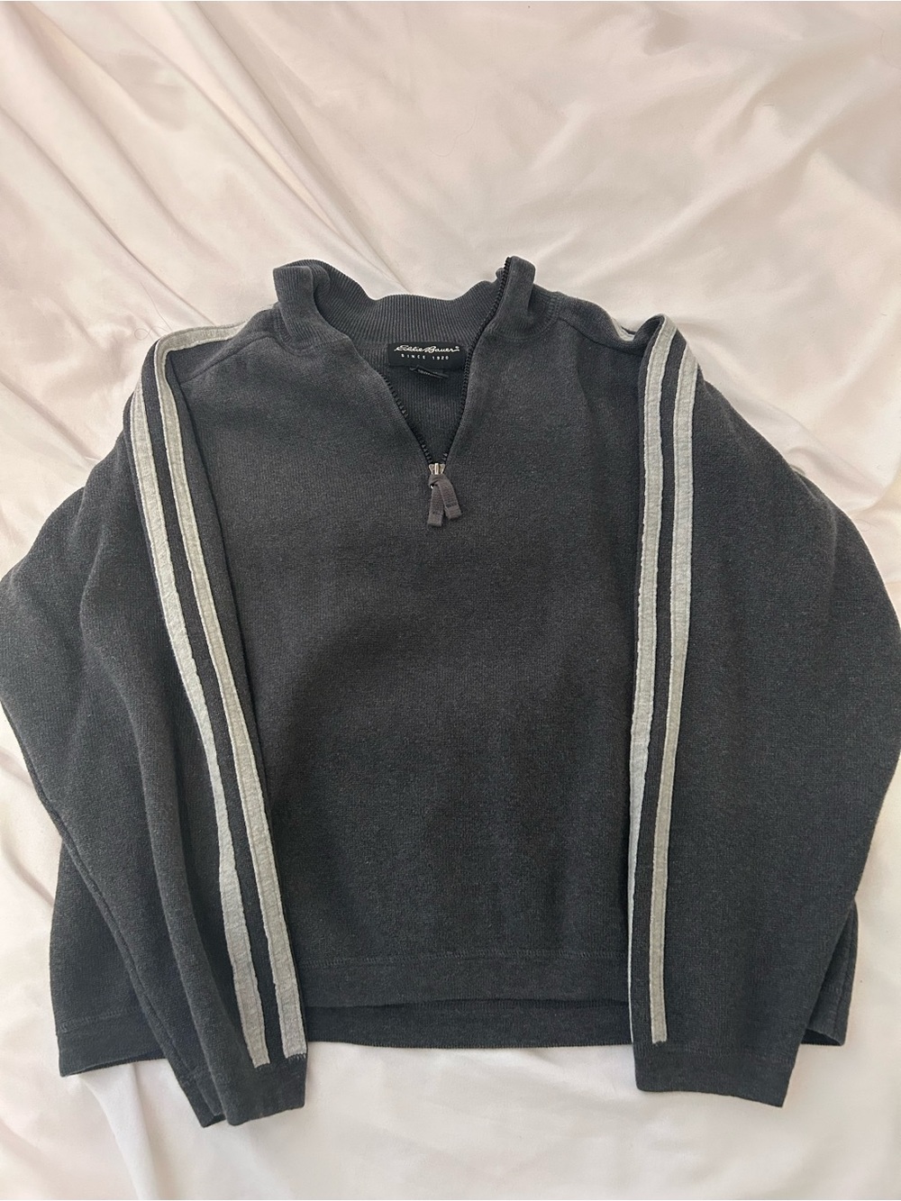 Eddie Bauer Black Half-Zip Sweater with Gray Sleeve Stripes